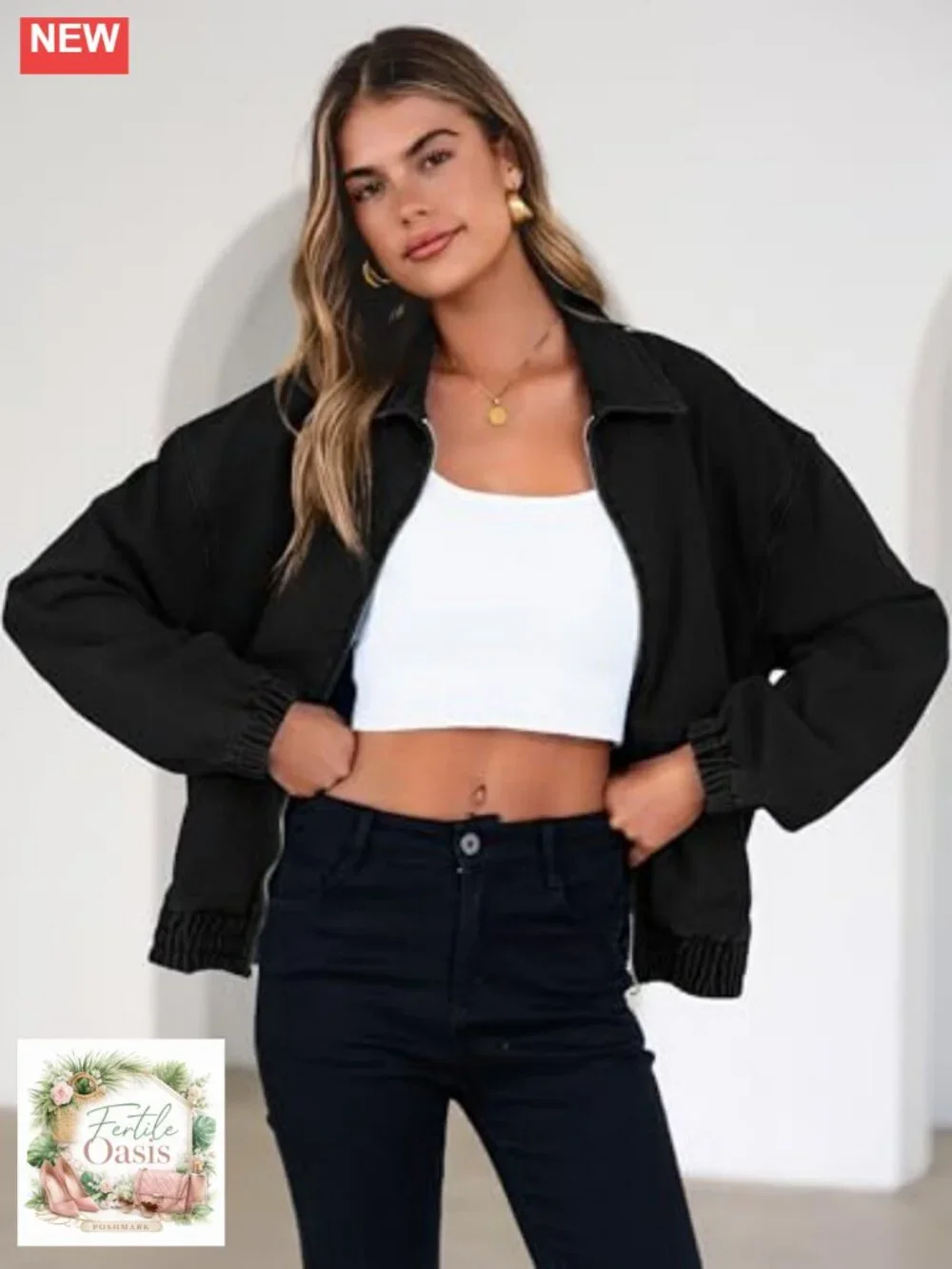 Oversized Denim Jacket Women Zip Up Long Sleeve Casual Loose Fit Jean Jacket